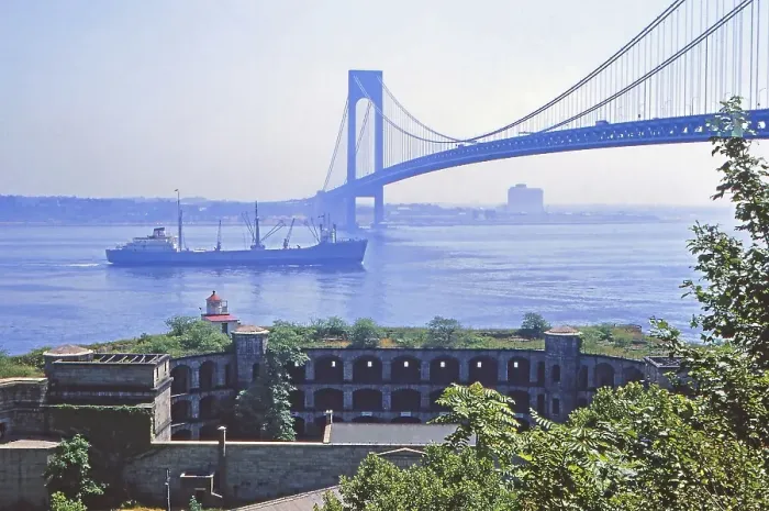 Framed Print : New York in 1966, Verrezano Narrows Bridge between Staten Island and Brooklyn, then the longest suspension bridge in the world, Fort Wadsworth in front