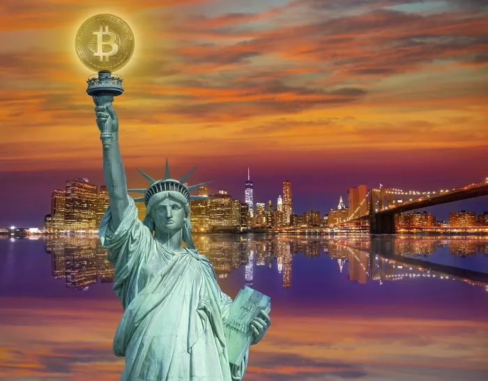 Framed Print : New york skyline with liberty holding bitcoin concept photomount