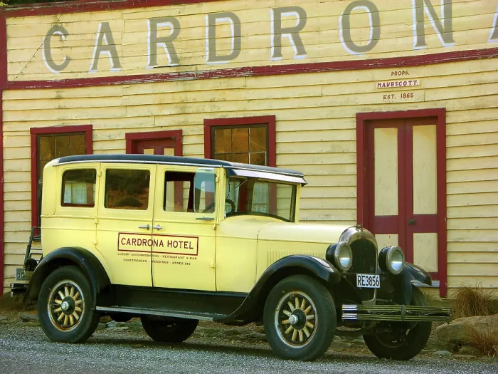 Framed Print : New Zealand, classic car, Cadrona Hotel