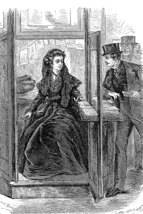 Framed Print : Newspaper seller in a small kiosk in 1869