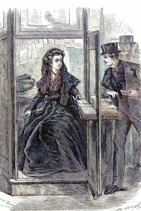 Framed Print : Newspaper seller in a small kiosk in 1869 Framed Print : Newspaper seller in a small kiosk in 1869