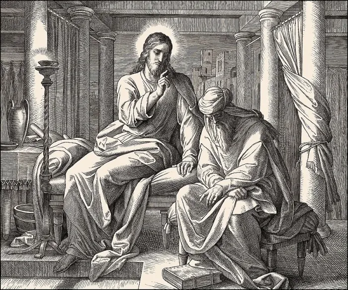 Framed Print : Nicodemus talking to Jesus, New Testament
