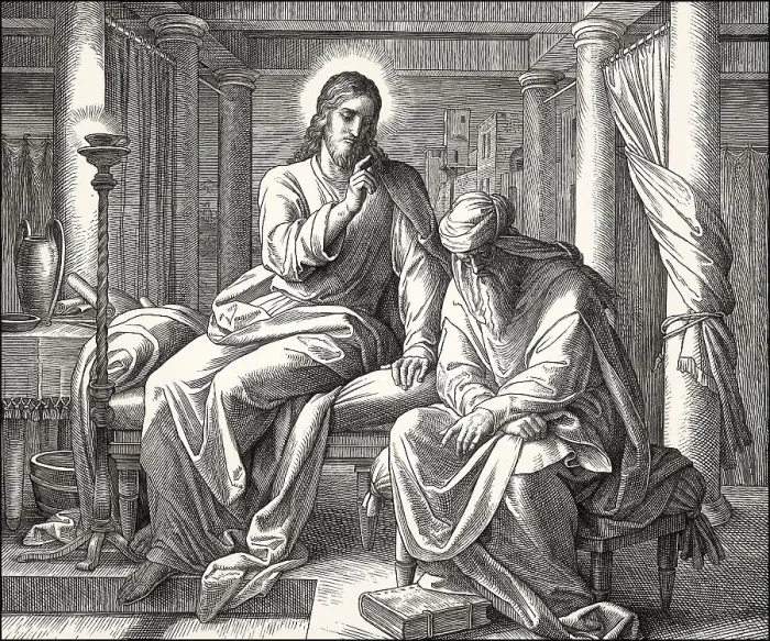 Framed Print : Nicodemus talking to Jesus, New Testament