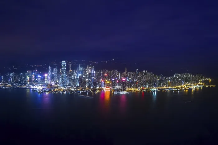 Framed Print : Night aerial view panorama of Hong Kong skyline and Victoria Harbor Framed Print : Night aerial view panorama of Hong Kong skyline and Victoria Harbor