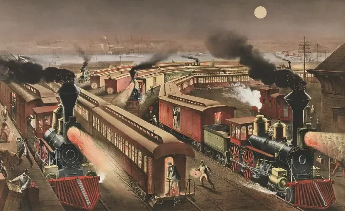 Framed Print : Night scene at an American railway junction