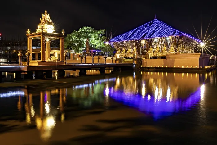 Framed Print : Night scene of an illuminated temple whose lights are reflected in the water Framed Print : Night scene of an illuminated temple whose lights are reflected in the water