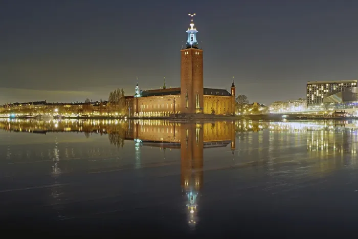 Framed Print : Night scene of a town hall with illuminated tower