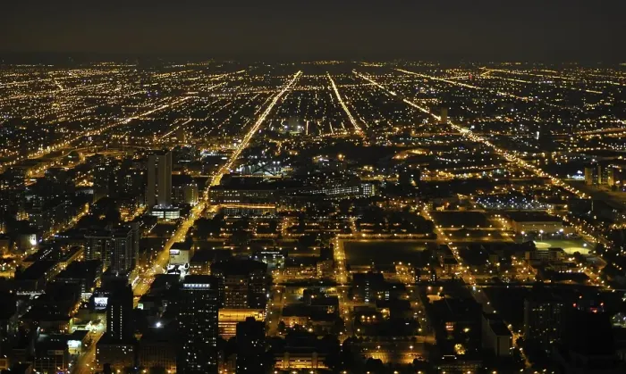 Framed Print : Night shot, street grid located in the west of Chicago