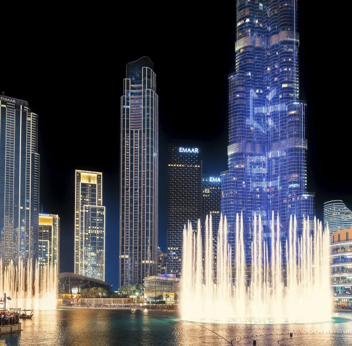 Framed Print : Night shot, water feature in Burj Khalifa Lake
