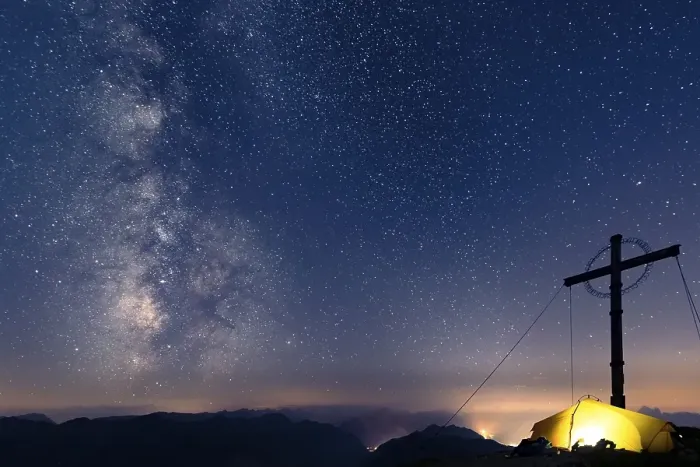 Framed Print : Night sky with stars and milky way over Lechtal mountains, in the foreground summit cross of the Geierkopf with tent, Reutte, Ammergau Alps, Tyrol, Austria, Europe Framed Print : Night sky with stars and milky way over Lechtal mountains, in the foreground summit cross of the Geierkopf with tent, Reutte, Ammergau Alps, Tyrol, Austria, Europe