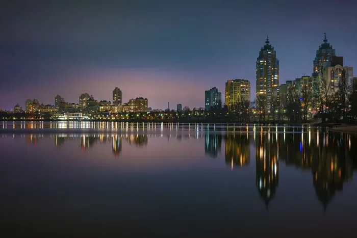 Framed Print : Night view of modern buildings in the Obolon district of Kiev Framed Print : Night view of modern buildings in the Obolon district of Kiev