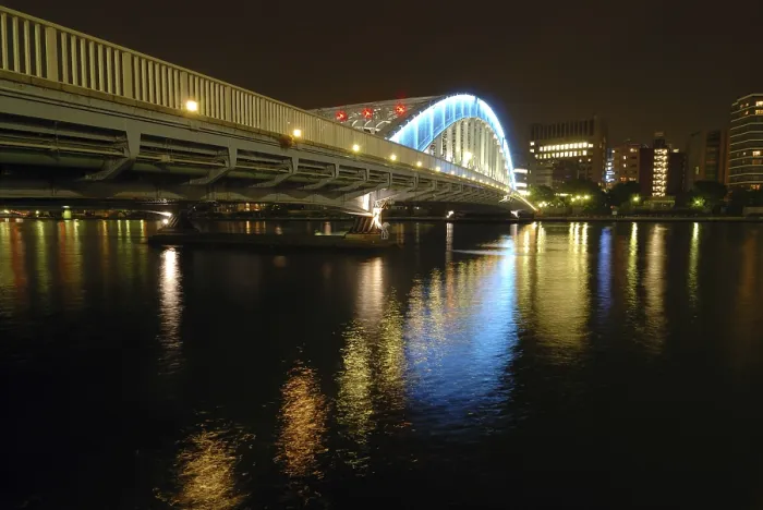 Framed Print : Nighttime colorful reflection of Eitai Bridge illumination in waters of Sumida river at central part of Tokyo
