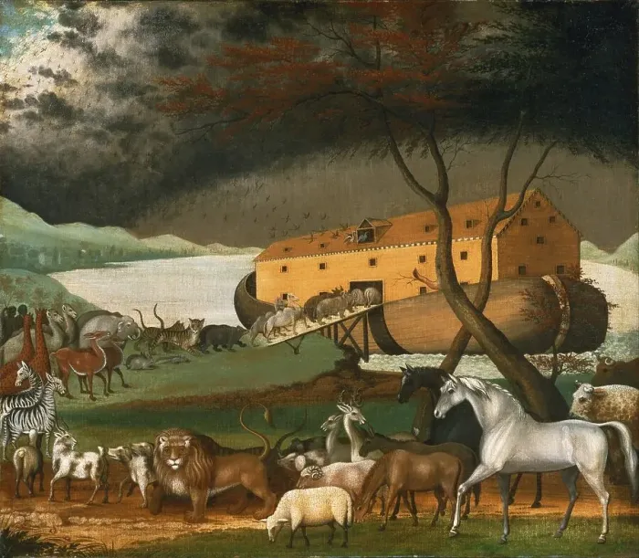 Framed Print : Noah's Ark with the animals entering the boat in pairs Framed Print : Noah's Ark with the animals entering the boat in pairs