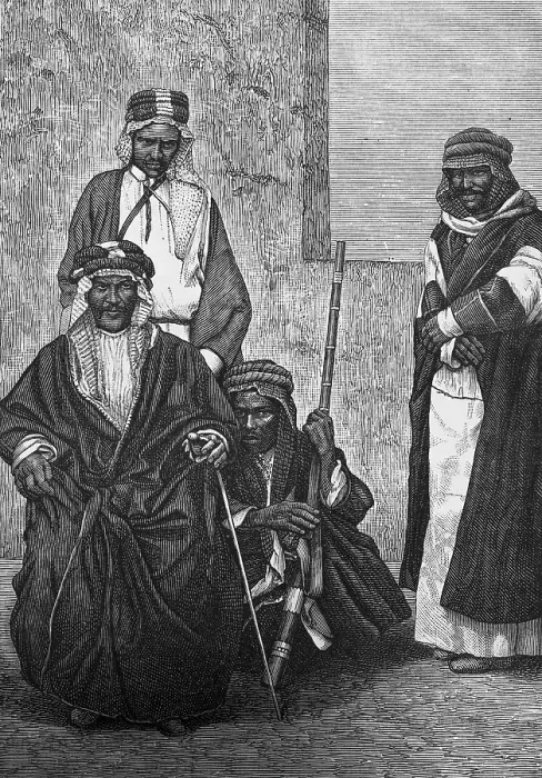 Framed Print : Noble Arabs, traditional floor-length robe, headgear, rifle, travelling in Asia, Arabia, historical illustration 1887