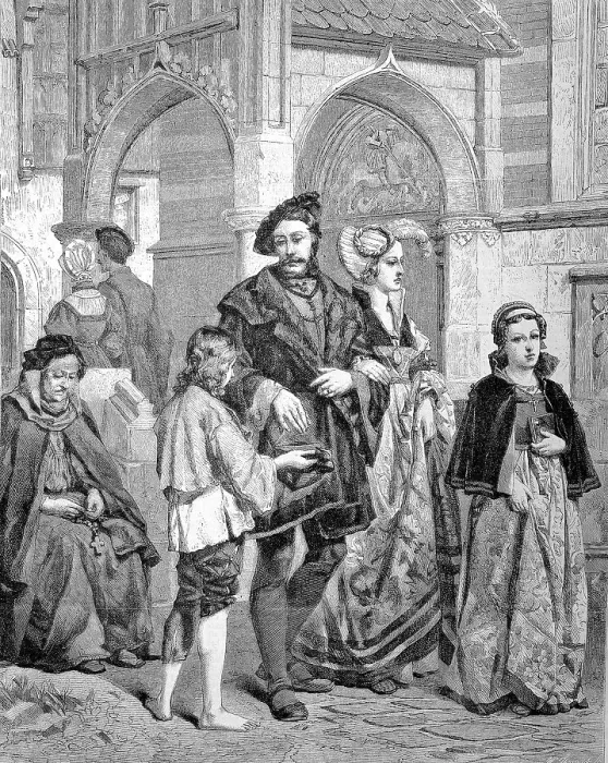 Framed Print : Noble people come out of church and give alms to the poor