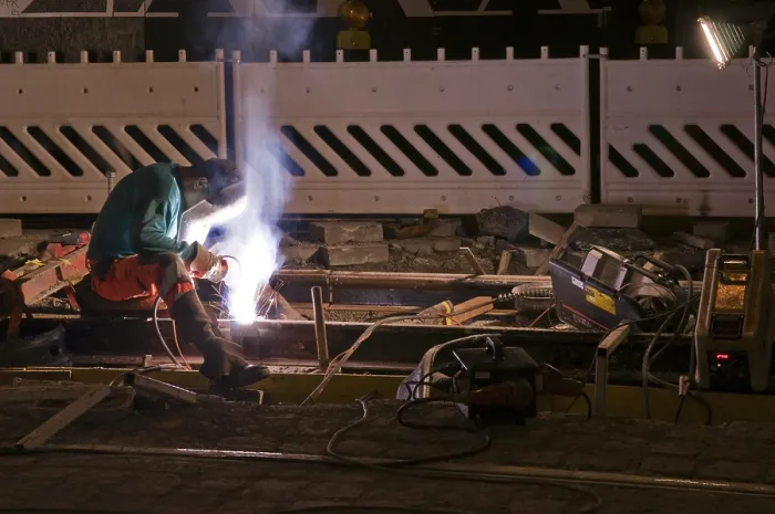 Framed Print : Nocturnal welding works on the track bed of a tram