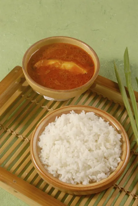 Framed Print : Non Vegetarian, Indian food Fish Curry with rice in plate