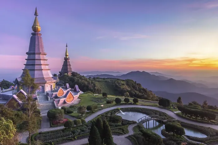 Framed Print : Noppamethanedol and Noppapol Phumsiri pagoda and picturesque sunset sky