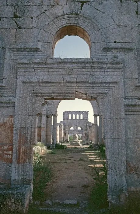 Framed Print : In front the north basilica, column, behind the south basilica with entrance, Monastery of St Simeon Stylites, Qalʿat Simʿan, near Aleppo, Syria, May 1987, vintage, retro, old, historical, Asia