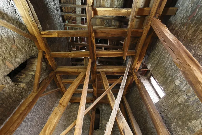 Framed Print : Northern choir flanking tower, roof truss of St
