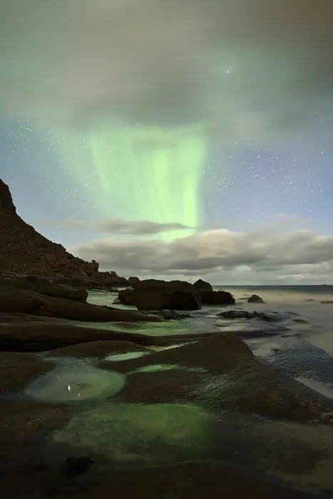 Framed Print : Northern Lights, Aurora Borealis above the beach of Utakleiv