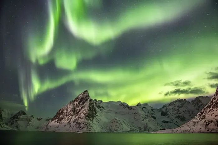 Framed Print : Northern Lights (Aurora Borealis) over mountains in winter