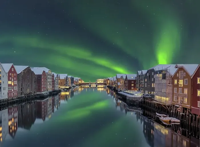 Framed Print : Northern Lights Bakklandet historical warehouses Trondheim Norway Framed Print : Northern Lights Bakklandet historical warehouses Trondheim Norway