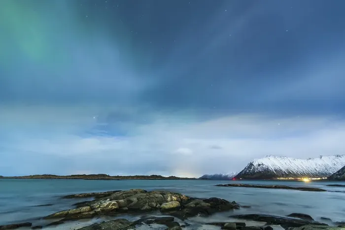 Framed Print : Northern lights with beach of Gimsoy