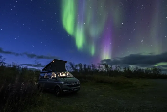 Framed Print : Northern lights over camper, VW California