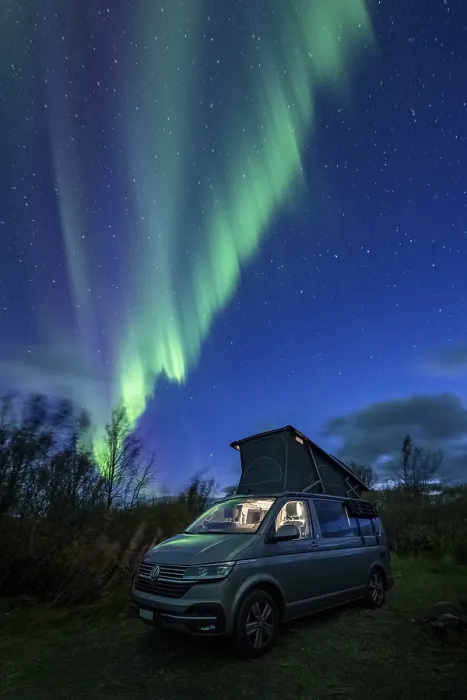 Framed Print : Northern lights over camper, VW California Framed Print : Northern lights over camper, VW California