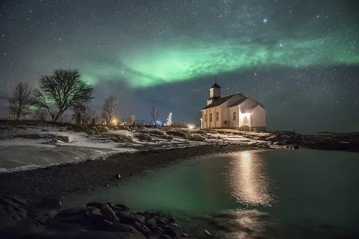 Framed Print : Northern lights over church of Gimsoy