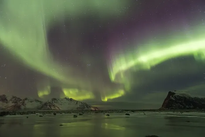 Framed Print : Northern lights on the coast near Gimsoy