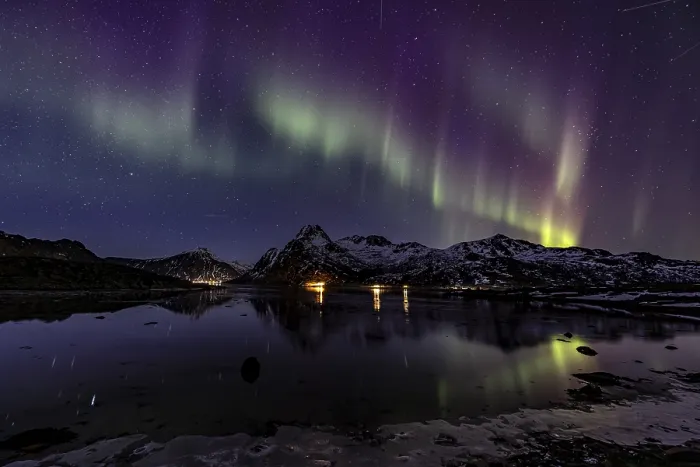 Framed Print : Northern lights over fjord, steep mountains