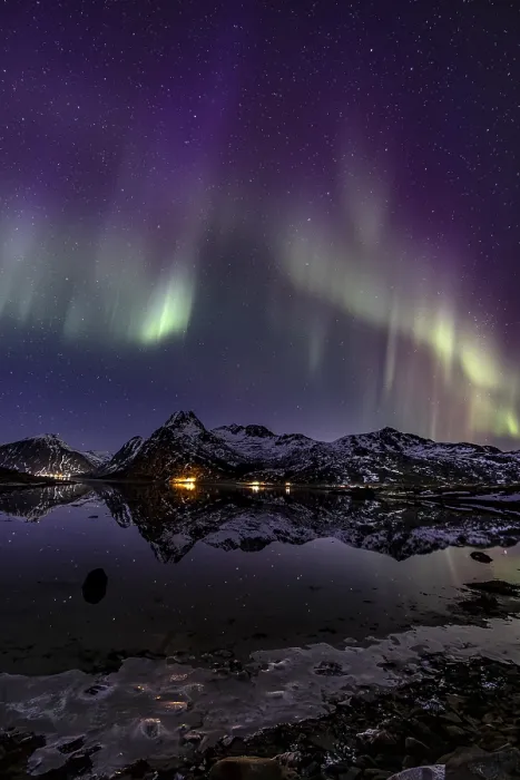 Framed Print : Northern lights over fjord, steep mountains Framed Print : Northern lights over fjord, steep mountains