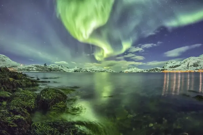 Framed Print : Northern lights at a fjord in Tromso Framed Print : Northern lights at a fjord in Tromso