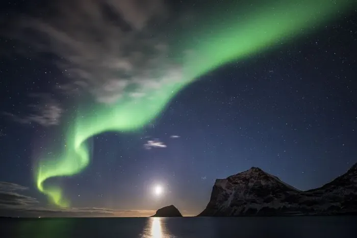 Framed Print : Northern Lights, moonlight beach of Haukland