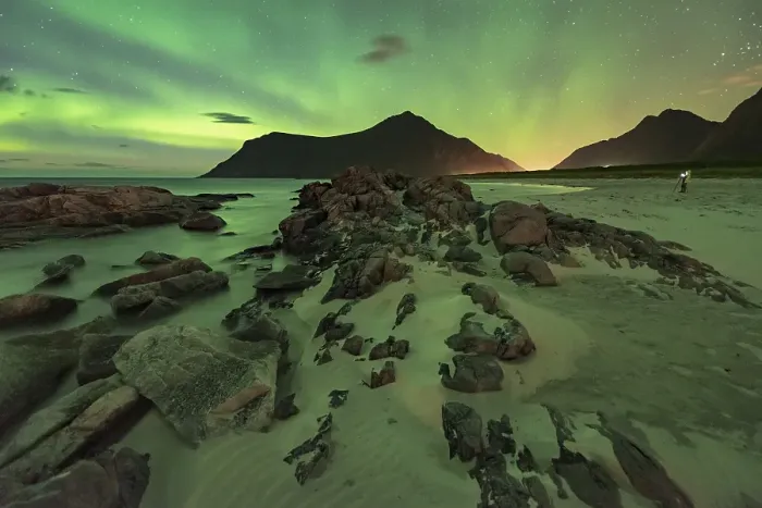 Framed Print : Northern lights over rocky beach Framed Print : Northern lights over rocky beach