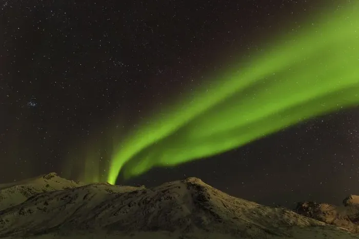 Framed Print : Northern Lights over snow covered mountains