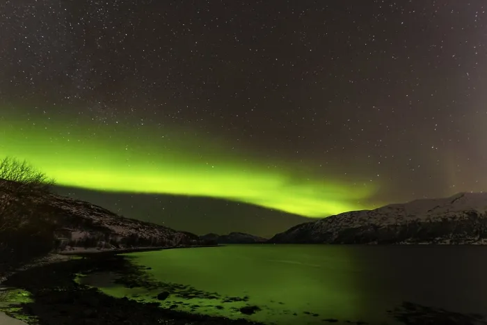 Framed Print : Northern Lights over snow covered mountains