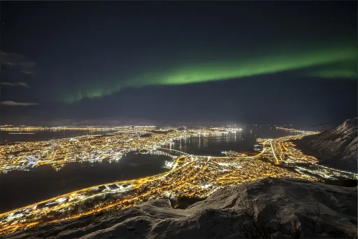 Framed Print : Northern Lights over Tromso, View from Mount Storsteinen