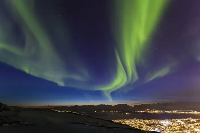 Framed Print : Northern Lights over Tromso, view from mountain Storsteinen