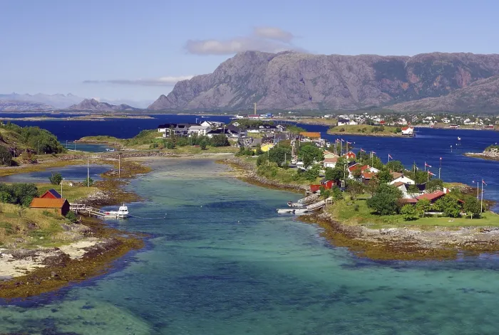 Framed Print : Norwegian coastal village with picturesque views of clear water