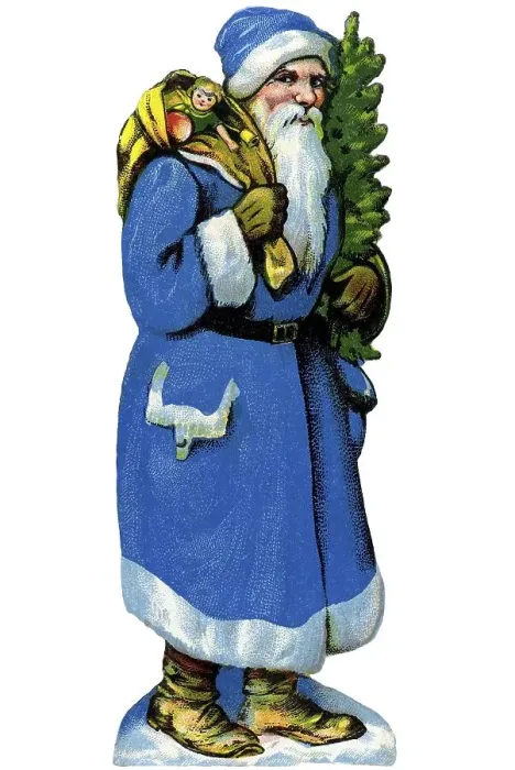 Framed Print : Nostalgic illustration, Father Christmas in a blue coat with bag full of presents and a Christmas tree