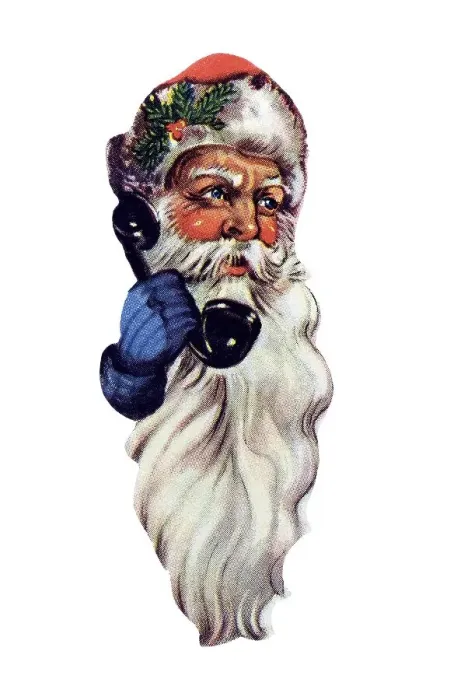 Framed Print : Nostalgic illustration, Father Christmas head with a long white beard and a telephone receiver