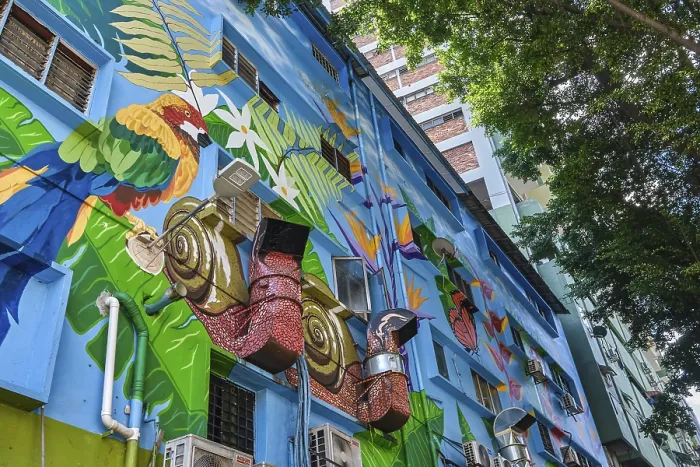Framed Print : Nov 26, 2019 - Kuala Lumpur, Malaysia: Beautiful bright mural with tropical birds Framed Print : Nov 26, 2019 - Kuala Lumpur, Malaysia: Beautiful bright mural with tropical birds