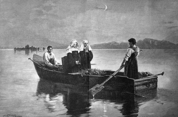 Framed Print : Two nuns in a boat, ferry across a lake in the evening