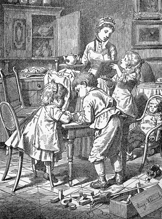 Framed Print : In the nursery, children with toys and a childminder