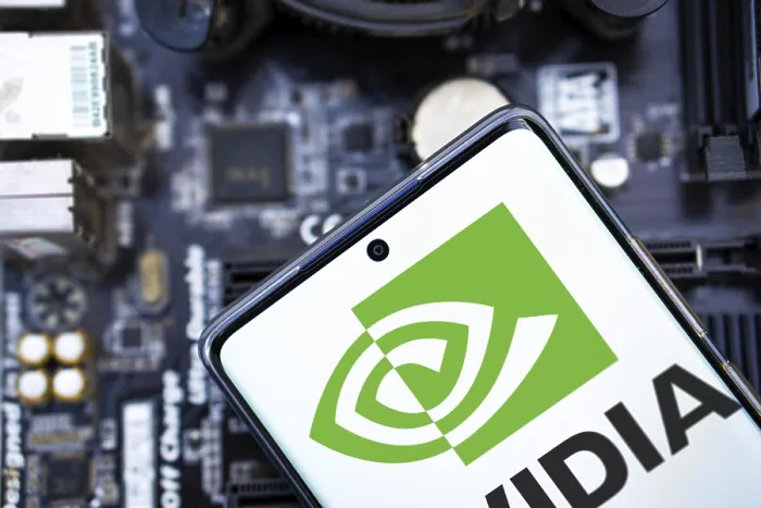 Framed Print : NVIDIA logo on phone and blurred chip on the background-Dhaka