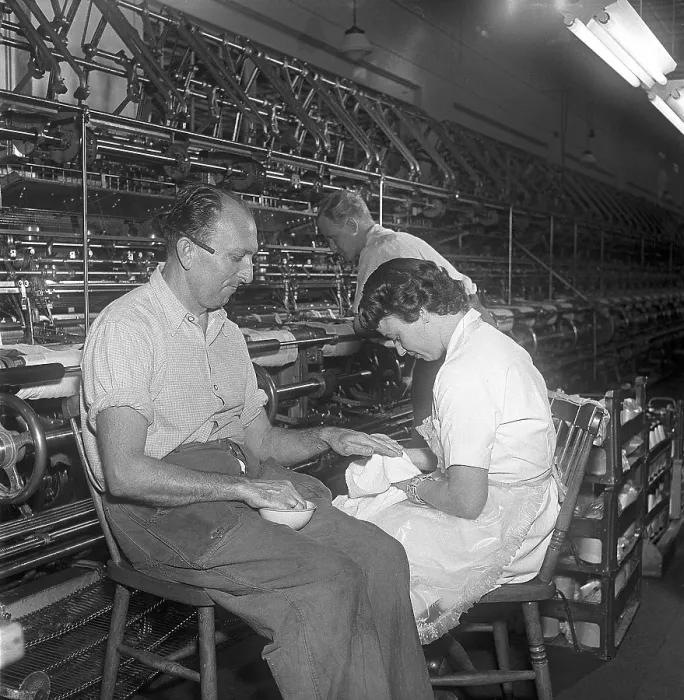 Framed Print : Nylon stockings in the 1950s. Malmoe strumpfabrik Sweden. Established 1926 and became the leading manufacturer of silk stockings in sweden. At this time 1951 the company had invested in new machinery to make the popular nylon stockings