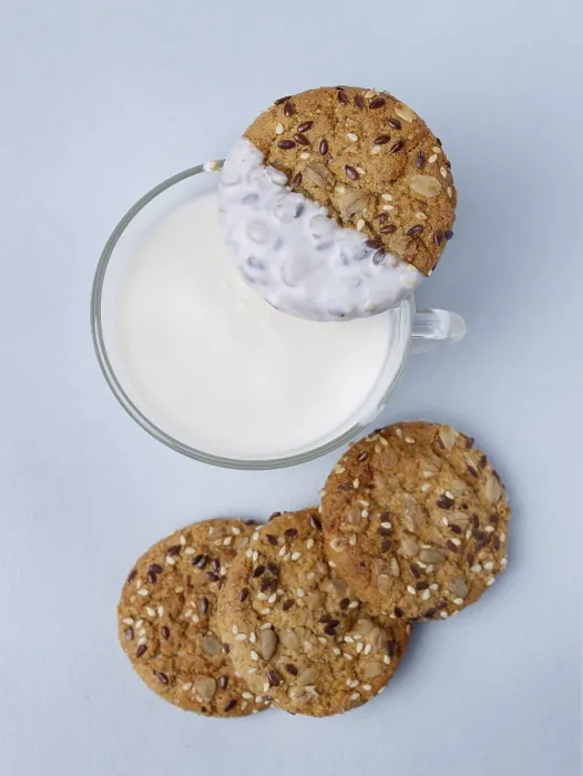 Framed Print : Oatmeal cookies and cup of yogurt, selective focus